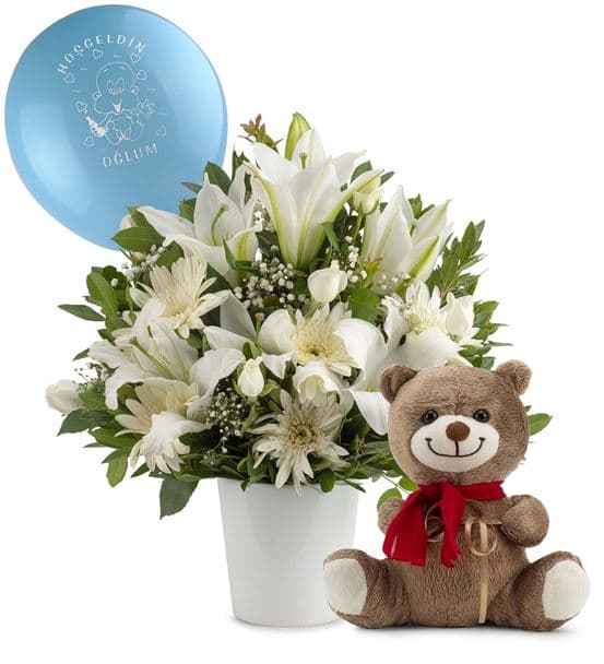 Seramik Vazoda Hoş Geldin Erkek Bebek Aranjmanı