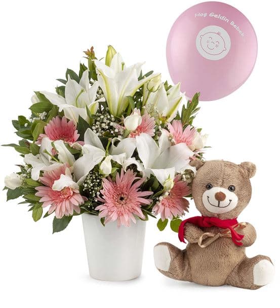 Seramik Vazoda Hoş Geldin Kız Bebek Aranjmanı